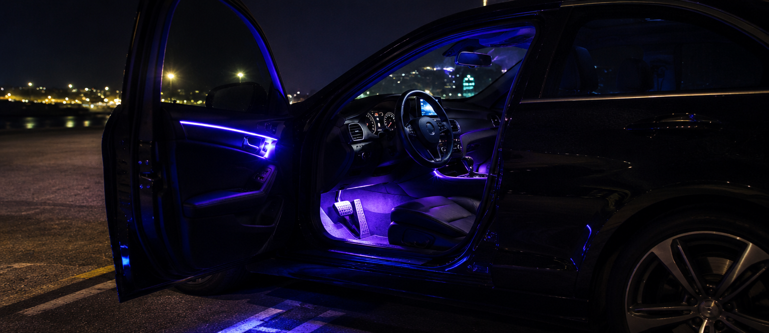 Interior de un coche de noche con acabados BlackMile