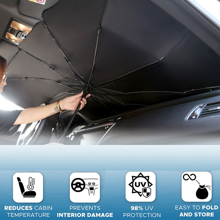 Parasol de Parabrisas Plegable tipo Paraguas para Coche — Protección UV y Anticalor