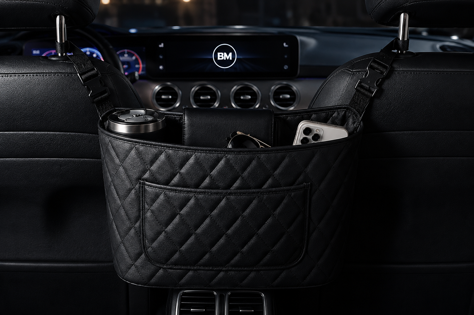 Soporte de bolso premium BlackMile de piel acolchada capitoné, instalado entre los asientos